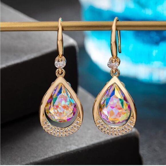 14K Yellow Gold and Iridescent AB Austrian Crystal Teardrop Halo Hook Earrings - Picture 4 of 7